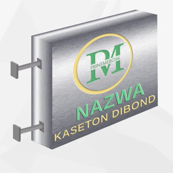Dwustronny kaseton z dibondu srebrnego satynowego z nadrukiem UV – produkcja na zamówienie.