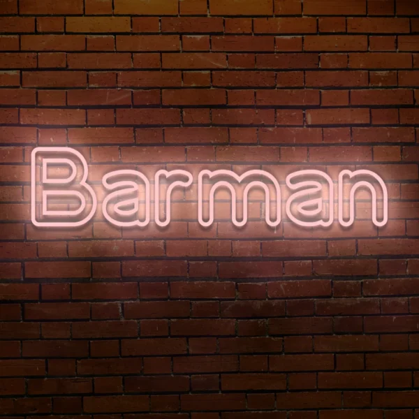 Jasnoróżowy neon LED napis Barman delikatna dekoracja