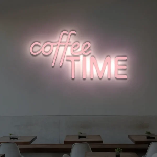 Jasnoróżowy neon LED napis coffee TIME kawiarniana dekoracja ścienna