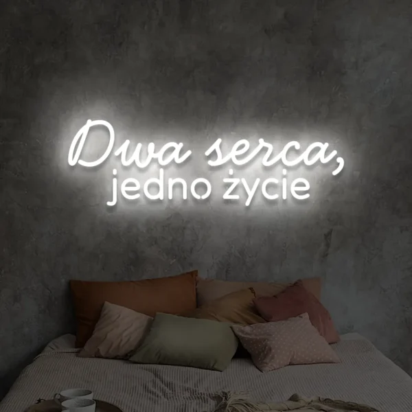 Neon LED biały Dwa serca jedno życie – neony na wesele