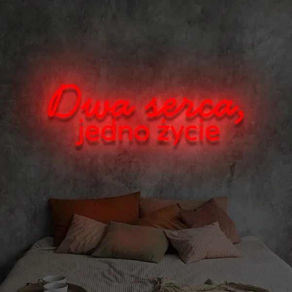 Czerwony neon LED Dwa serca jedno życie – napis na wesele