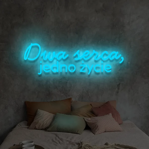 Niebieski neon LED Dwa serca jedno życie – dekoracja ślubna