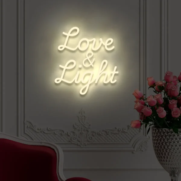 Beżowy neon LED napis Love & Light elegancka dekoracja ścienna