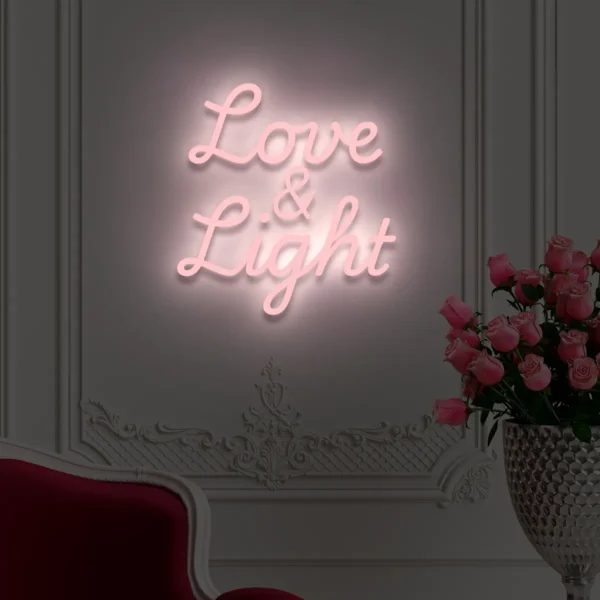 Jasnoróżowy neon LED napis Love & Light dekoracja ślubna i weselna
