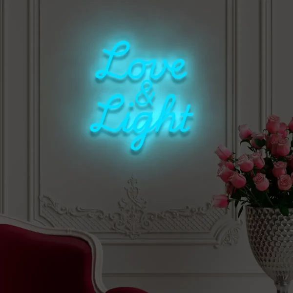 Niebieski neon LED napis Love & Light ozdoba wnętrz i eventów