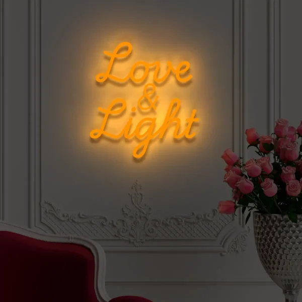 Pomarańczowy neon LED napis Love & Light dekoracja ścienna na imprezy