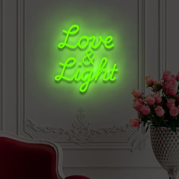 Zielony neon LED napis Love & Light dekoracja ściany do salonu lub sali