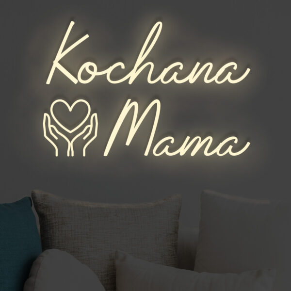 Beżowy neon LED napis Kochana Mama z sercem w dłoniach – dekoracja ścienna