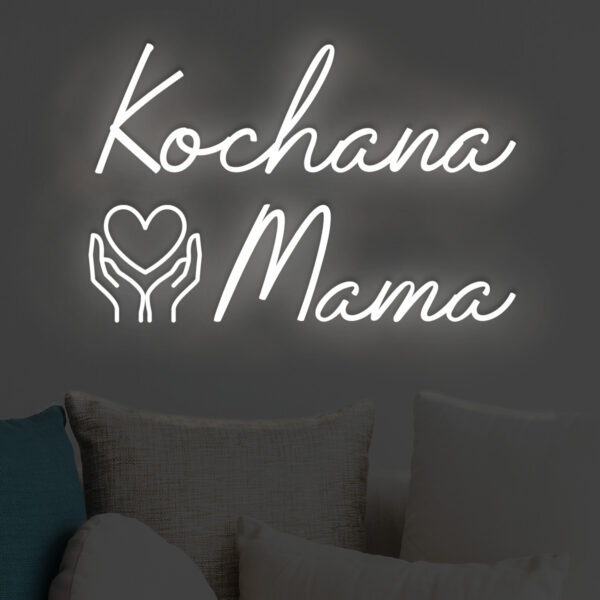 Biały neon LED napis Kochana Mama z sercem w dłoniach – elegancka ozdoba