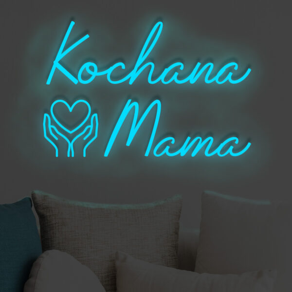 Niebieski neon LED napis Kochana Mama z sercem w dłoniach – chłodna dekoracja