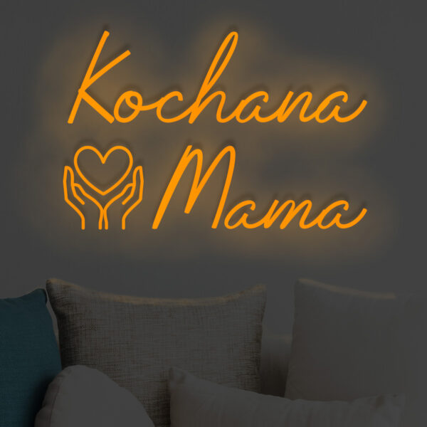 Pomarańczowy neon LED napis Kochana Mama z sercem w dłoniach – ciepła ozdoba