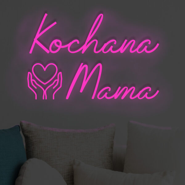Różowy neon LED napis Kochana Mama z sercem w dłoniach – modna dekoracja