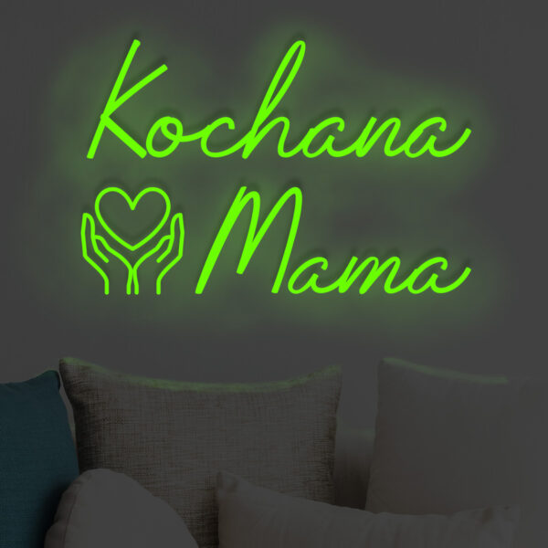 Zielony neon LED napis Kochana Mama z sercem w dłoniach – świeży akcent