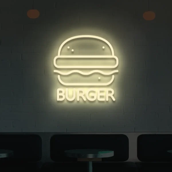 Neonowy napis Burger w kolorze beżowym dekoracja ścienna
