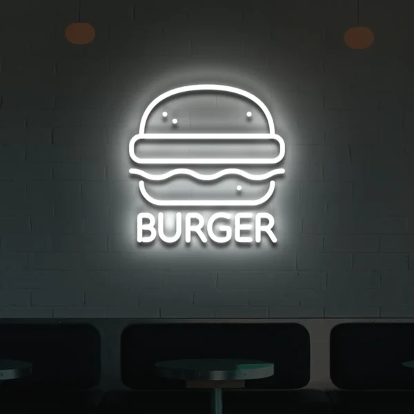 Biały neon LED z napisem Burger na ścianie