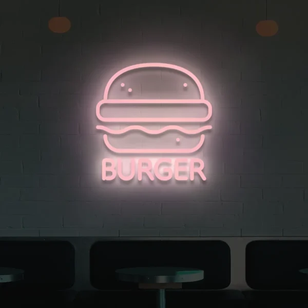Jasnoróżowy neon LED z napisem Burger dekoracja