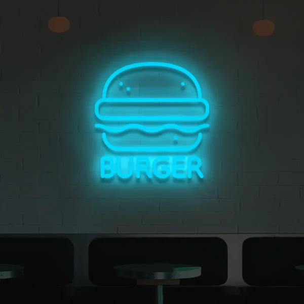 Niebieski neonowy napis Burger świecąca dekoracja