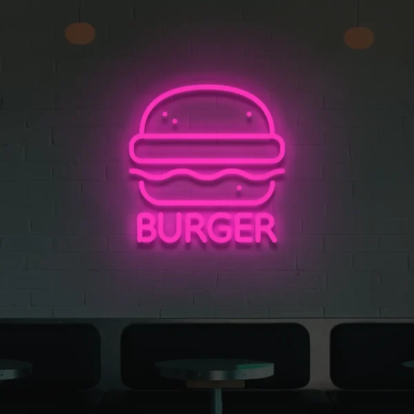 Różowy neon LED z napisem Burger dekoracja wnętrza