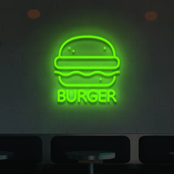 Zielony neonowy napis Burger świecąca dekoracja ścienna