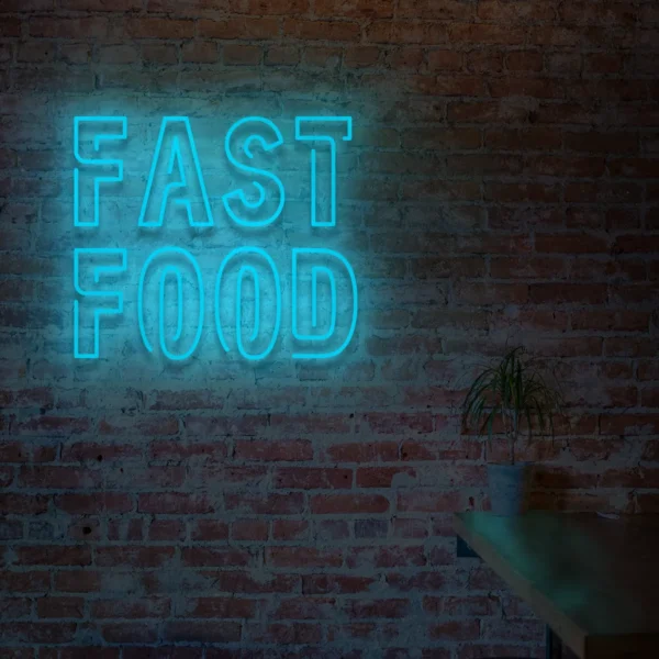 Niebieski neon LED z napisem Fast Food na ścianie