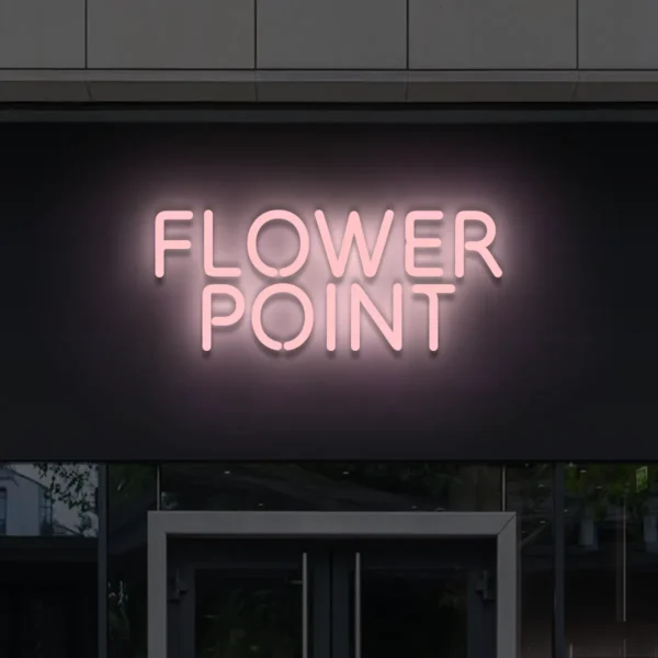 Jasnoróżowy neon LED Flower Point – szykowny napis świetlny na tle czarnym