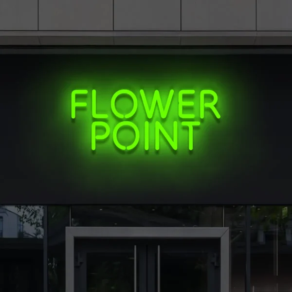 Zielony neon LED Flower Point – efektowny napis świetlny nad wejściem