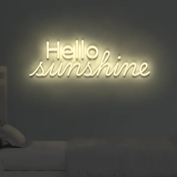 Beżowy neon LED napis Hello sunshine przytulna dekoracja pokoju
