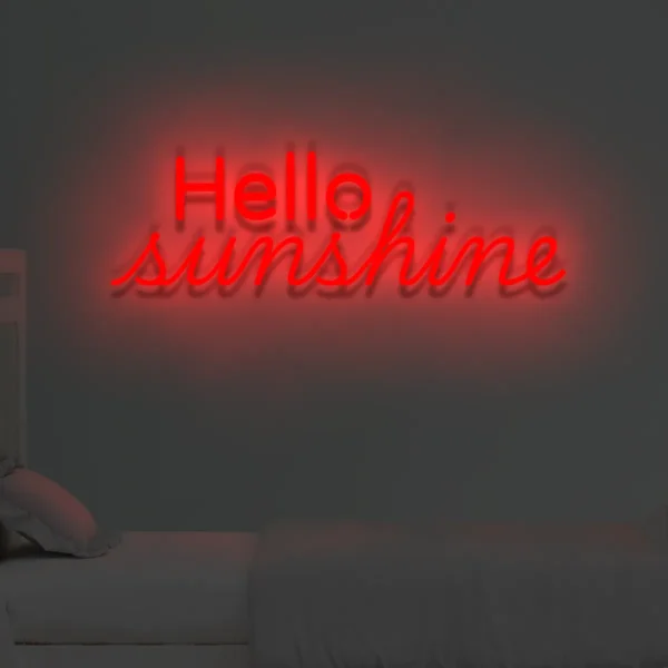 Czerwony neon LED napis Hello sunshine wyrazisty akcent we wnętrzu