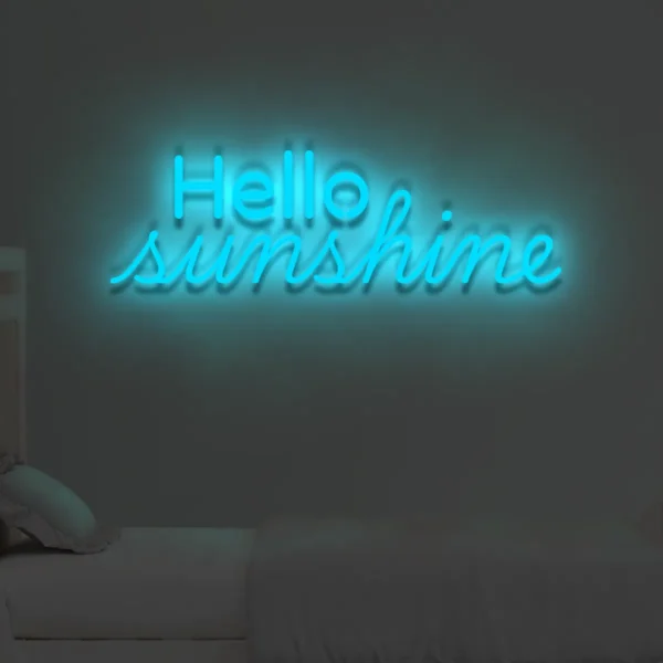 Niebieski neon LED napis Hello sunshine chłodny akcent świetlny