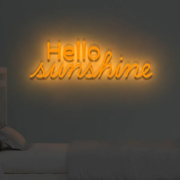 Pomarańczowy neon LED napis Hello sunshine ciepły akcent świetlny
