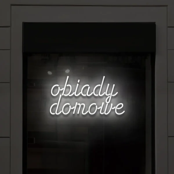Biały neon LED z napisem Obiady domowe dekoracja do lokalu