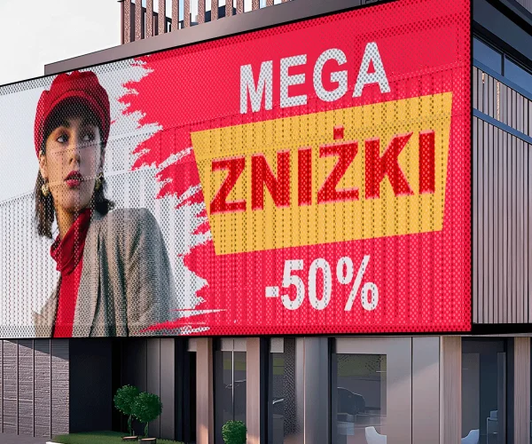 Baner mesh mega zniżki -50% – kobieta w czerwonym