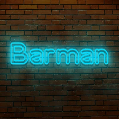 Niebieski neon LED napis Barman nowoczesna dekoracja ściany