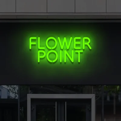 Zielony neon LED Flower Point – efektowny napis świetlny nad wejściem