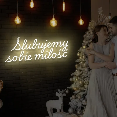 Beżowy neon LED napis Ślubujemy sobie miłość dekoracja ślubna